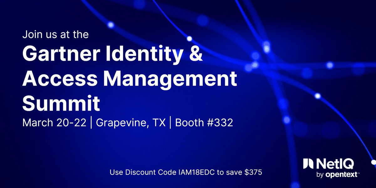 AdamsHarl's tweet photo. Join NetIQ (@MicroFocusSec) &amp; partner @Novacoast at the #GartnerIAM Summit, booth 322, on Mar 20-22, and learn about #NetIQ's comprehensive IAM platform. 

👉Reg now with Discount Code IAM18EDC.  
#IdentityManagement #CyberResilience  https://t.co/H3BUui4DMo https://t.co/9eoEhR1m1T