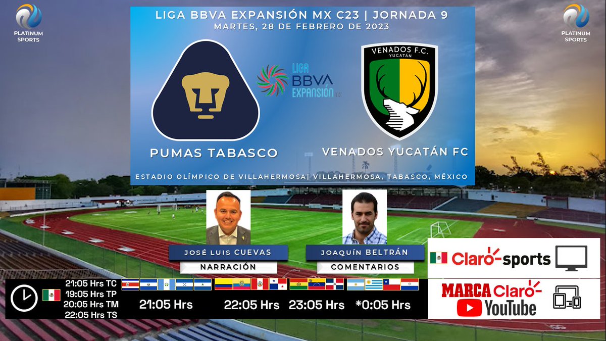 🇲🇽 #LigaBBVAExpansiónMX #C23 #Jornada9 | @PumasMXTabasco 🆚 @venadosfc

#PumasTabasco #Venados
🗓️ Hoy
🇲🇽 ⏰ 21:05 Hrs TC, 19:05 Hrs TP
📺 @ClaroSports
📱💻 @MarcaClaro/@YouTubeLATAM
🎤 @JLUIS_CUEVAS 🎨
🎤📝 @capibeltran

#ClaroConTodo #PTBMER