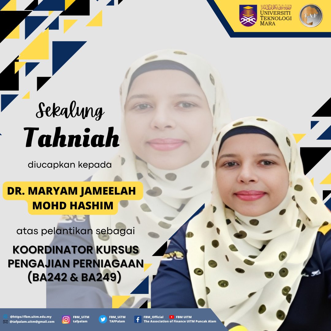 TAFPalam's tweet photo. Assalamualaikum w.b.t. ✨

Tahniah diucapkan kepada Dr. Maryam Jameelah Mohd Hashim diatas perlantikan sebagai Ketua Koordinator Kursus Pengajian Pengurusan dan Perniagaan (BA242 &amp; BA249).

#TAFpalam
#TAFhuss
#fbmawesome
#UiTMPuncak Alam
#UiTMdihatiku https://t.co/oaafPXGYrt