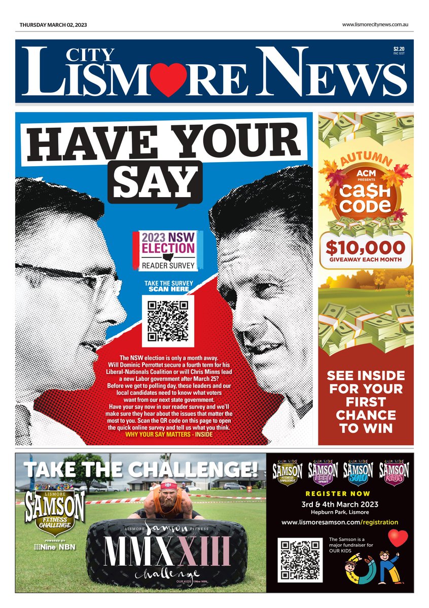 In this Thursday's edition of Lismore City News:
We launch our NSW election reader survey 
Our autumn cash giveaway starts
Reaction to the CSIRO's initial flood report
Tears at flood commemoration events