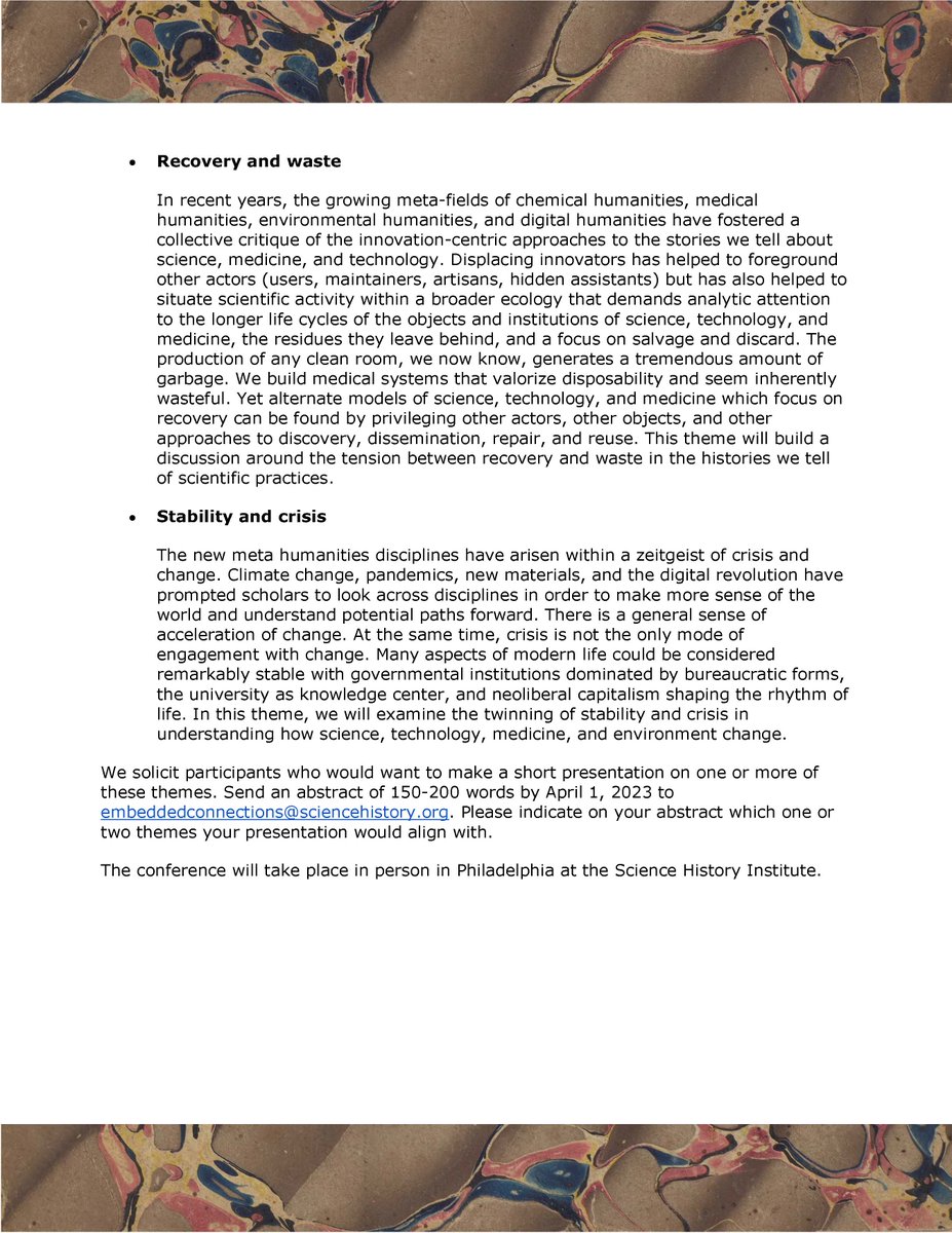 Victoria Lee (@microbehistory) on Twitter photo ***CFP Science in Humanities, Humanities in Science: Embedded Connections***
Science History Institute, Philadelphia, USA, 4-6 October 2023
A fantastic event I'm co-organizing w/ <a href="/jgreene2/">Jeremy Greene</a> <a href="/DollyJorgensen/">Prof Dolly Jørgensen</a> <a href="/A_Slaton/">Amy E. Slaton</a>
Abstracts due April 1 to
embeddedconnections@sciencehistory.org ***CFP Science in Humanities, Humanities in Science: Embedded Connections***
Science History Institute, Philadelphia, USA, 4-6 October 2023
A fantastic event I'm co-organizing w/ <a href="/jgreene2/">Jeremy Greene</a> <a href="/DollyJorgensen/">Prof Dolly Jørgensen</a> <a href="/A_Slaton/">Amy E. Slaton</a>
Abstracts due April 1 to
embeddedconnections@sciencehistory.org