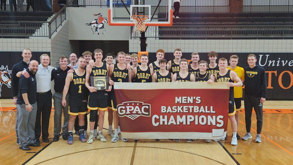 Congratulations to the 2023 GPAC Men's Basketball Tournament Champions the <a href="/dordtdefenders/">Dordt Defender Athletics</a> . 

Final score:
<a href="/dordtdefenders/">Dordt Defender Athletics</a> 86
<a href="/JimmieAthletics/">Jimmie Athletics</a> 81