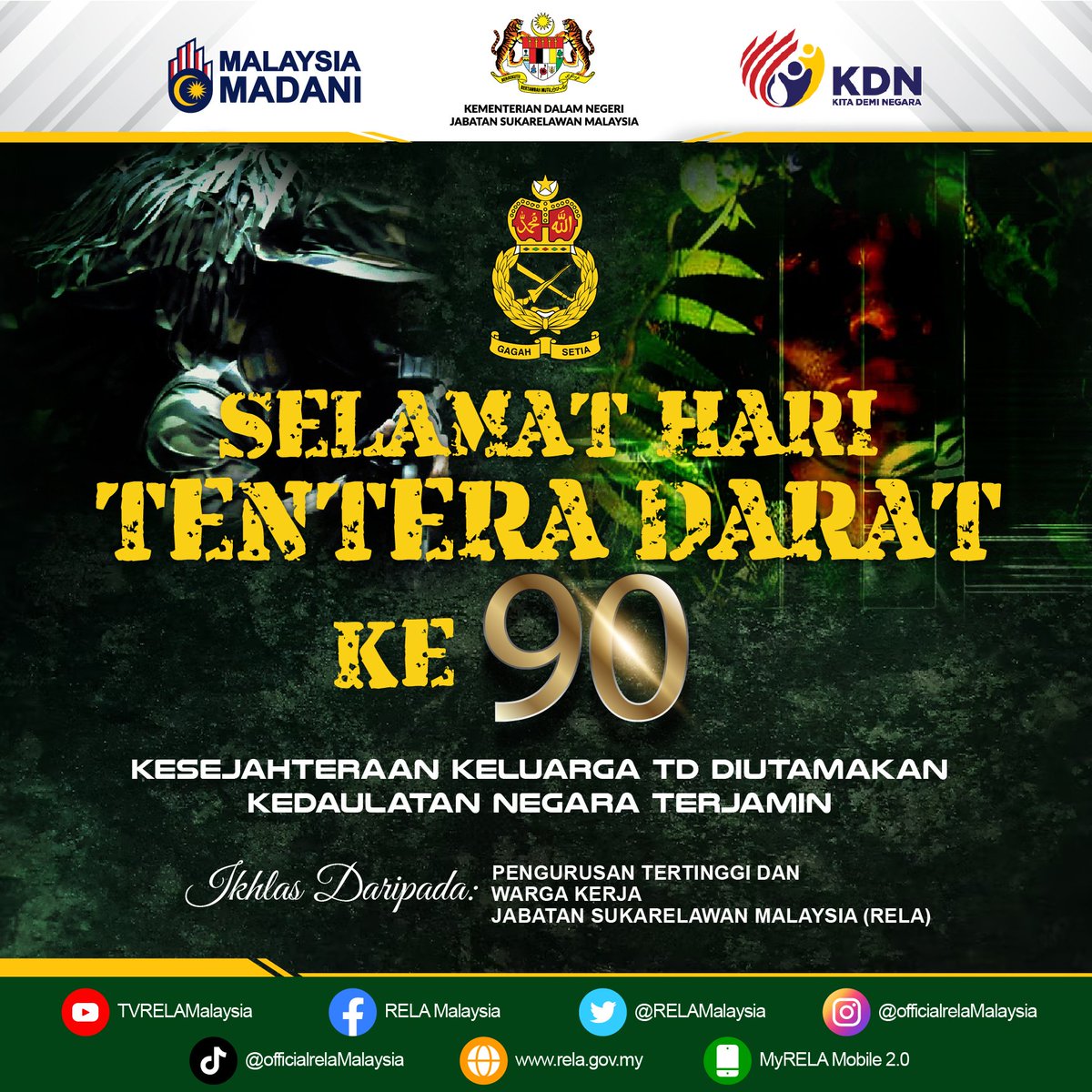 relamalaysia's tweet photo. Pengurusan tertinggi dan warga kerja RELA mengucapkan Selamat Hari Tentera Darat Ke-90 kepada sahabat agensi keselamatan, pegawai &amp; anggota Tentera Darat (TD) Malaysia seluruh negara.
#KesejahteraanKeluargaDiutamakanKedaulatanNegaraTerjamin https://t.co/8X8L1bBwOM