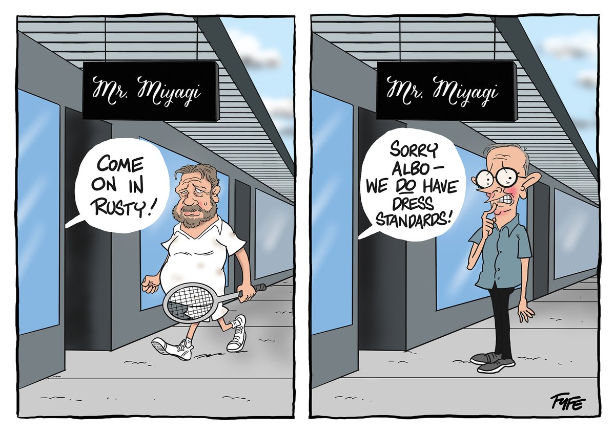 Following Albo's effort at the Sydney Mardi Gras we take a look at dress standards...Rusty v Albo #mrmiyagi #Albo <a href="/russellcrowe/">Russell Crowe</a>