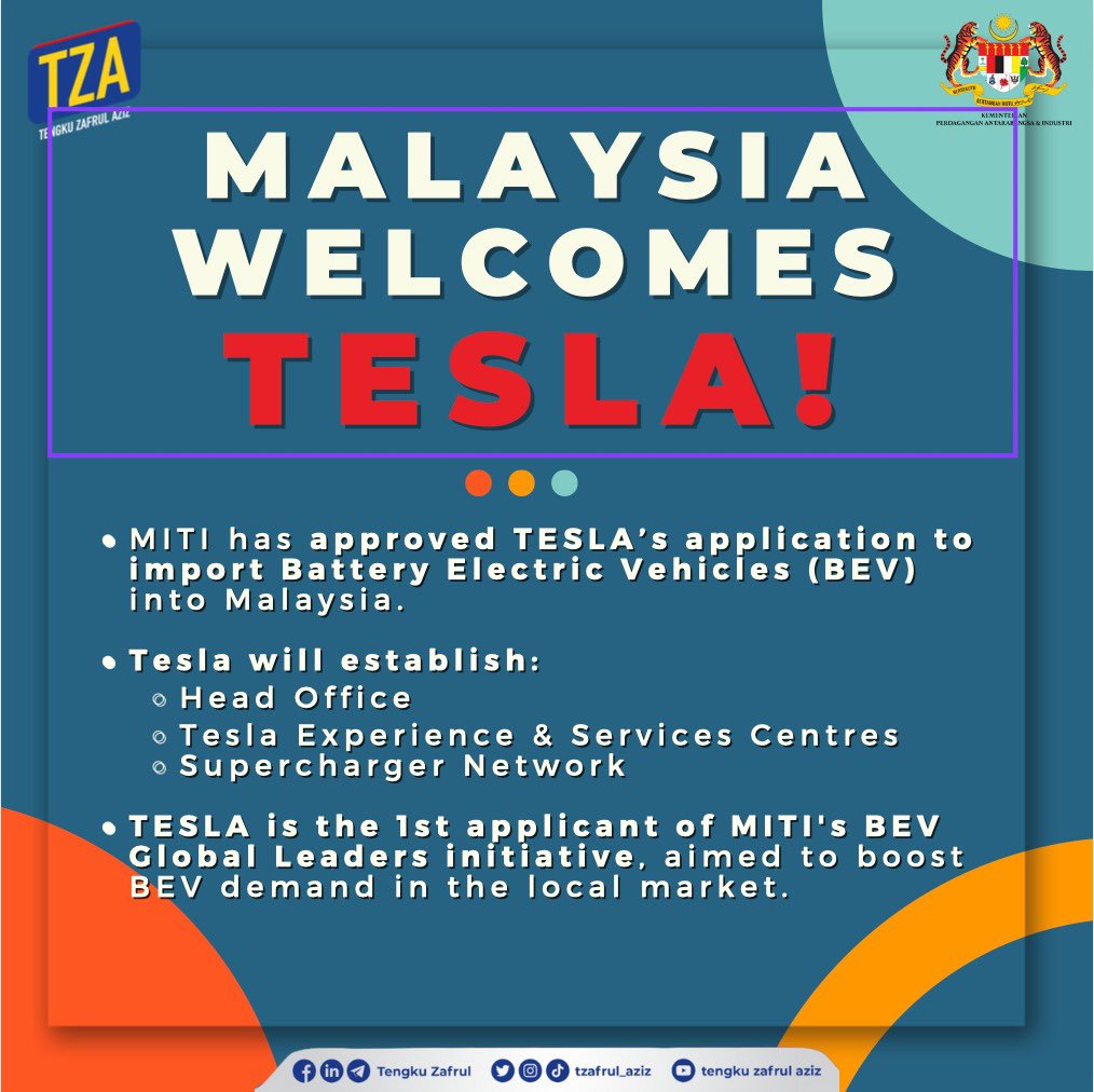 tzafrul_aziz's tweet image. Malaysia Welcomes @Tesla! 

@MITIMalaysia has approved Tesla's application to import BEVs into Malaysia.

Tesla will establish a Head Office, Tesla Experience &amp;amp; Service Centres, and Supercharger network, simultaneously creating skilled &amp;amp; better paying  jobs for M'sians.