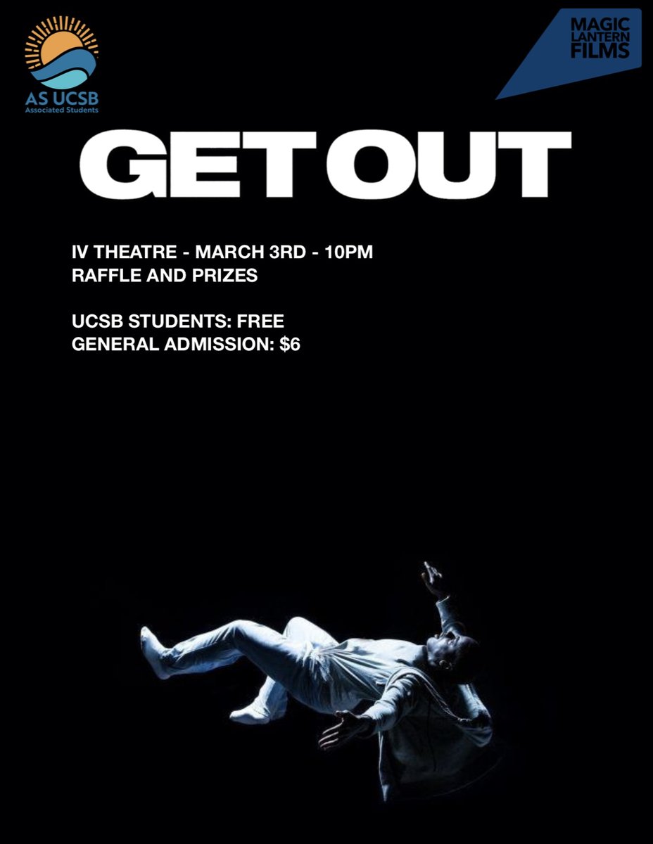 MagicLanternSB's tweet photo. Hello Gauchos!!!
Hope everyone doing well today. We'll be screening "Get Out" at IV theater this firday by 10pm. We'll hold a raffle and there's prizes waiting for you to win. Come join us!!! https://t.co/Cpal3yuBcL