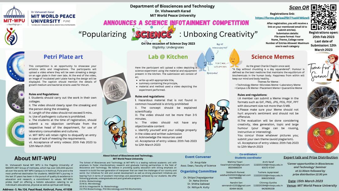 On the Occasion of National Science Day.. Department of Biosciences and Technology, MIT WPU announces ' Science Infotainment Competition' Unbox your Creativity and Win Exciting Prizes @VoicesofIndAcad @IndiaBioscience @AcademicChatter #ScienceDay