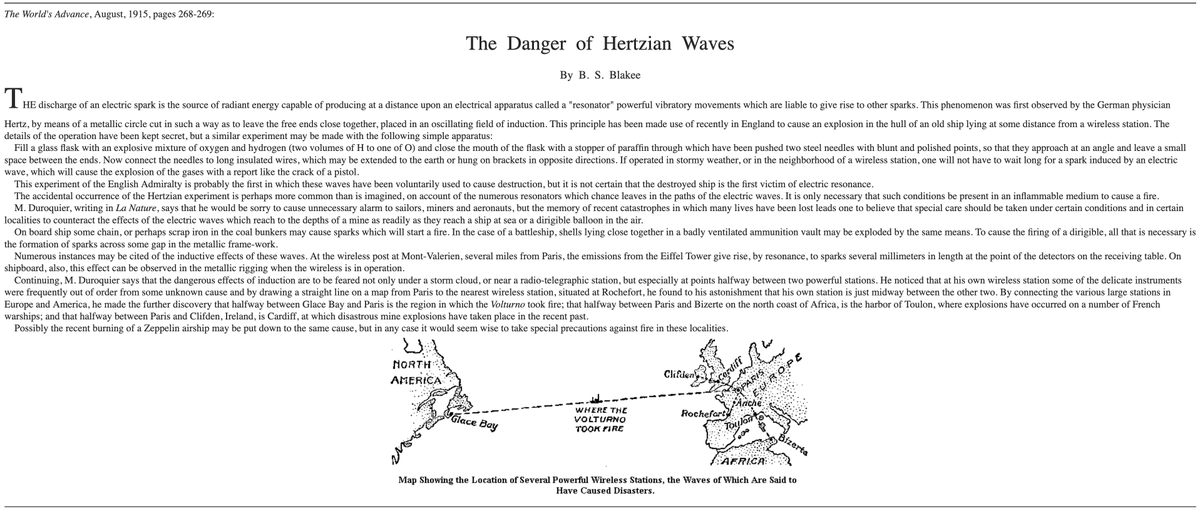 SHL0MS's tweet photo. a warning about the dangerous potential for radio waves to cause explosions at the halfway point between stations (and blaming them for the deadly sinking of the SS Volturno ocean liner), 1915 https://t.co/Umg84RrN7R