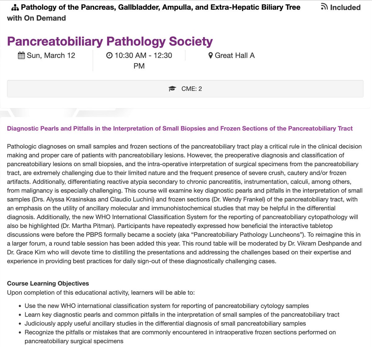 The #PBPS Companion Society meeting #USCAP2023 is on March 12th@10.30 AM CST. 
It's a session you don't want to miss - Diagnostic pearls &amp; pitfalls in interp of small bxs and FS of #pancreatobiliary tract. See you all there!
<a href="/Vik_deshpandeMD/">Vikram Deshpande</a> <a href="/OlcaBasturk/">Olca Basturk</a> <a href="/AgostiniVulajDO/">Diana Agostini-Vulaj</a>