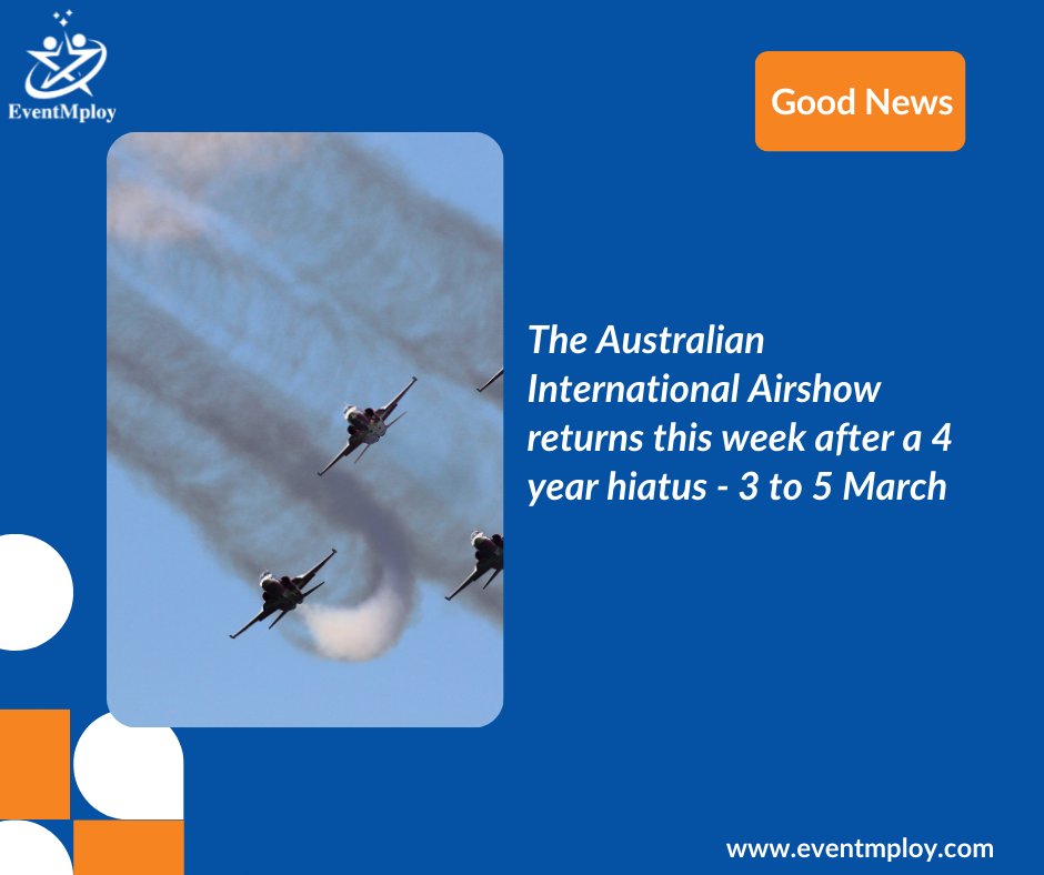 EventMploy's tweet image. Great news - the Australian International Airshow returns after a long 4 year hiatus. Good luck to all the #eventprofs working on the event! eventmploy.com #events #freelancer #eventjobs #hospitalityjobs #eventprofessional #freelancers #eventorganisers #eventplanners