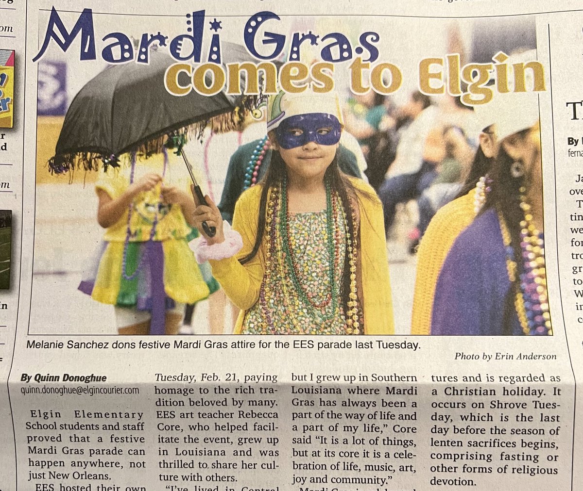 CreateArtEMS's tweet photo. Thank you #elgincourier @MakeElginYours for shining a spotlight on our @ELGINISD_EE Mardi Gras parade! 🫶 to all students, staff, parents, volunteers, community members who helped celebrate #life #music #art #joy #community @ElginTxISD @ElginFineArts @Whataburger @WildcatBandTX https://t.co/JfyGUZ7IvW