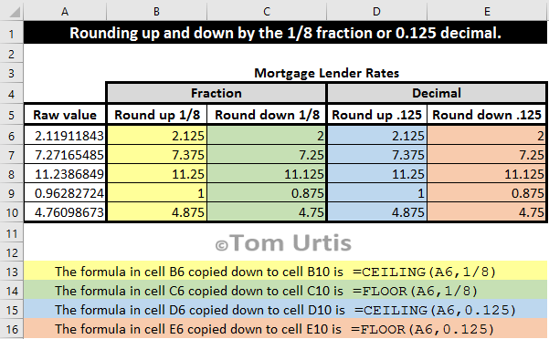 TomUrtis's tweet image. Rounding up and down by the 1/8 fraction or 0.125 decimal. #TomsTips4Excel