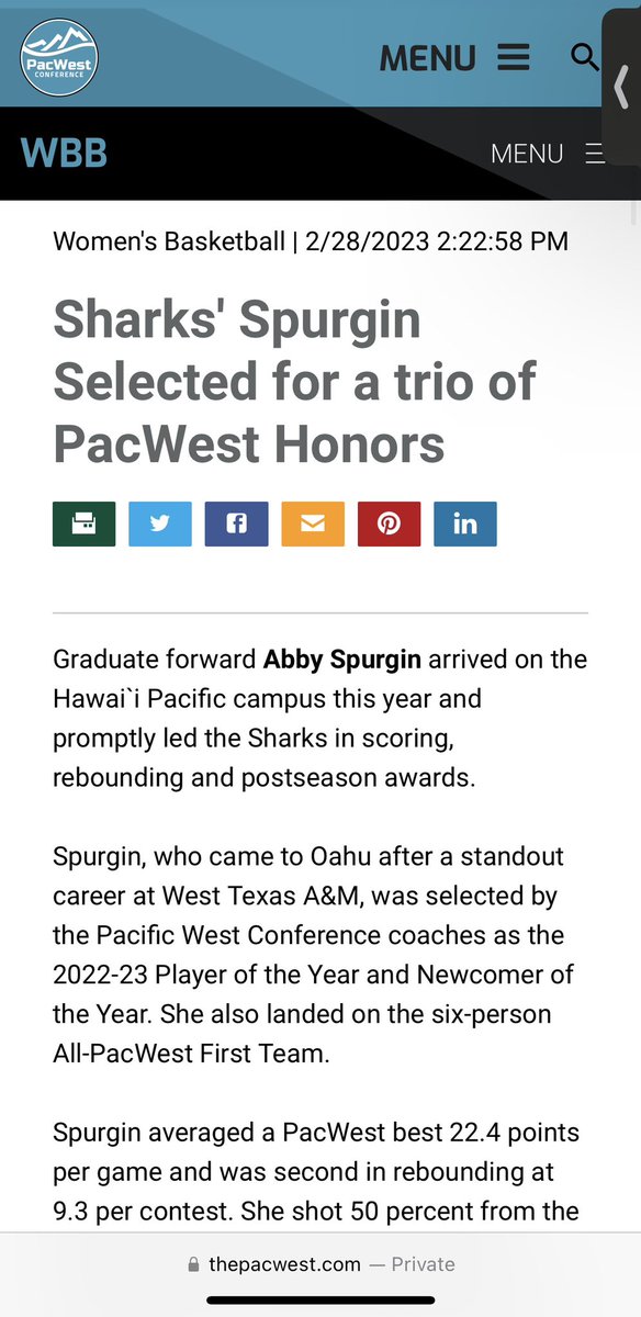 Hawaii Pacific Women’s Basketball (@hpu_wbb) on Twitter photo HUGE CONGRATULATIONS to our very own 2️⃣4️⃣ <a href="/abbyspurgin/">abby spurgin</a> who earned First Team All conference, Newcomer of the Year and Player of the Year in the <a href="/ThePacWest/">PacWest Conference</a> this season 🔥🔥🔥🐐🐐🐐 HUGE CONGRATULATIONS to our very own 2️⃣4️⃣ <a href="/abbyspurgin/">abby spurgin</a> who earned First Team All conference, Newcomer of the Year and Player of the Year in the <a href="/ThePacWest/">PacWest Conference</a> this season 🔥🔥🔥🐐🐐🐐