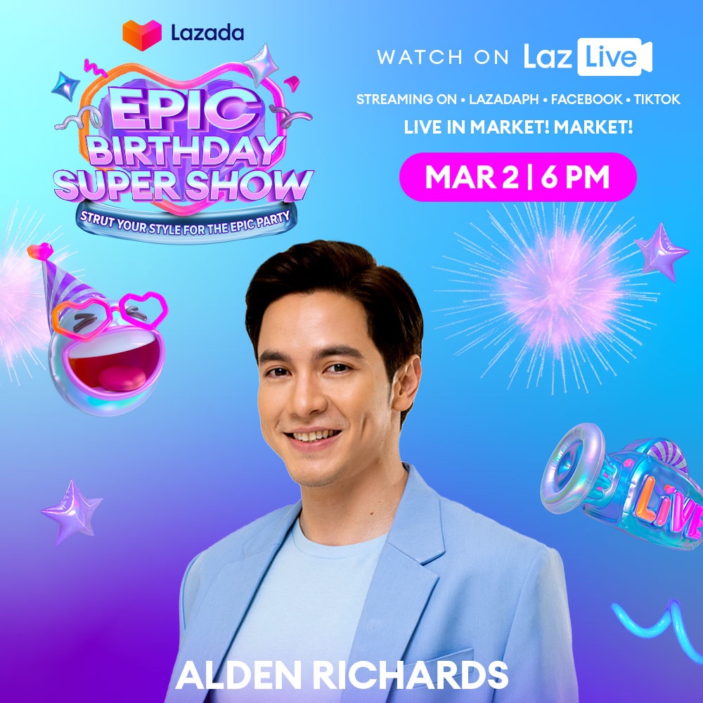 aldenrichards02's tweet photo. Join us tomorrow at 6PM sa Market! Market! with streaming on LazLive+ and @LazadaPH’s social media accounts.
You can have a chance to win vouchers dahil over 5 Million Pesos worth of prizes and vouchers ang ipapamigay!

#EpicBirthdaySuperShow https://t.co/l5gkSglSVC
