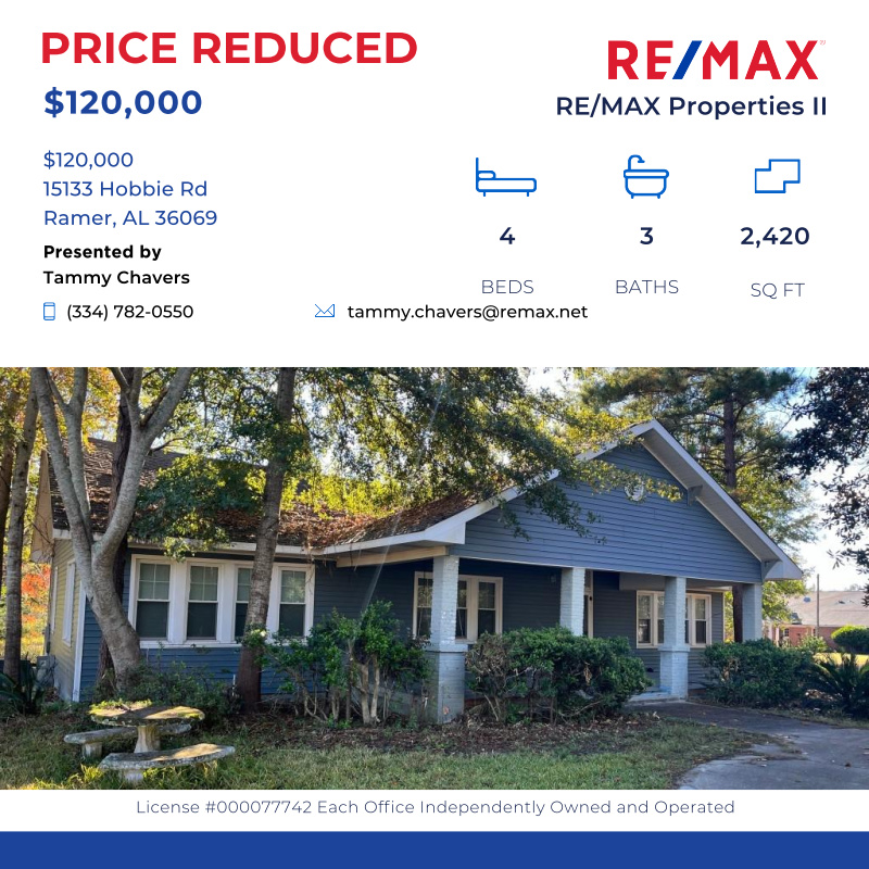 REMARKABLE property in the Heart of Ramer! Over 2,400 square feet and 1.14 acres.  Updates in recent years include siding, windows, septic t...

Click here for details:
remax.com/AL/RAMER/home-…