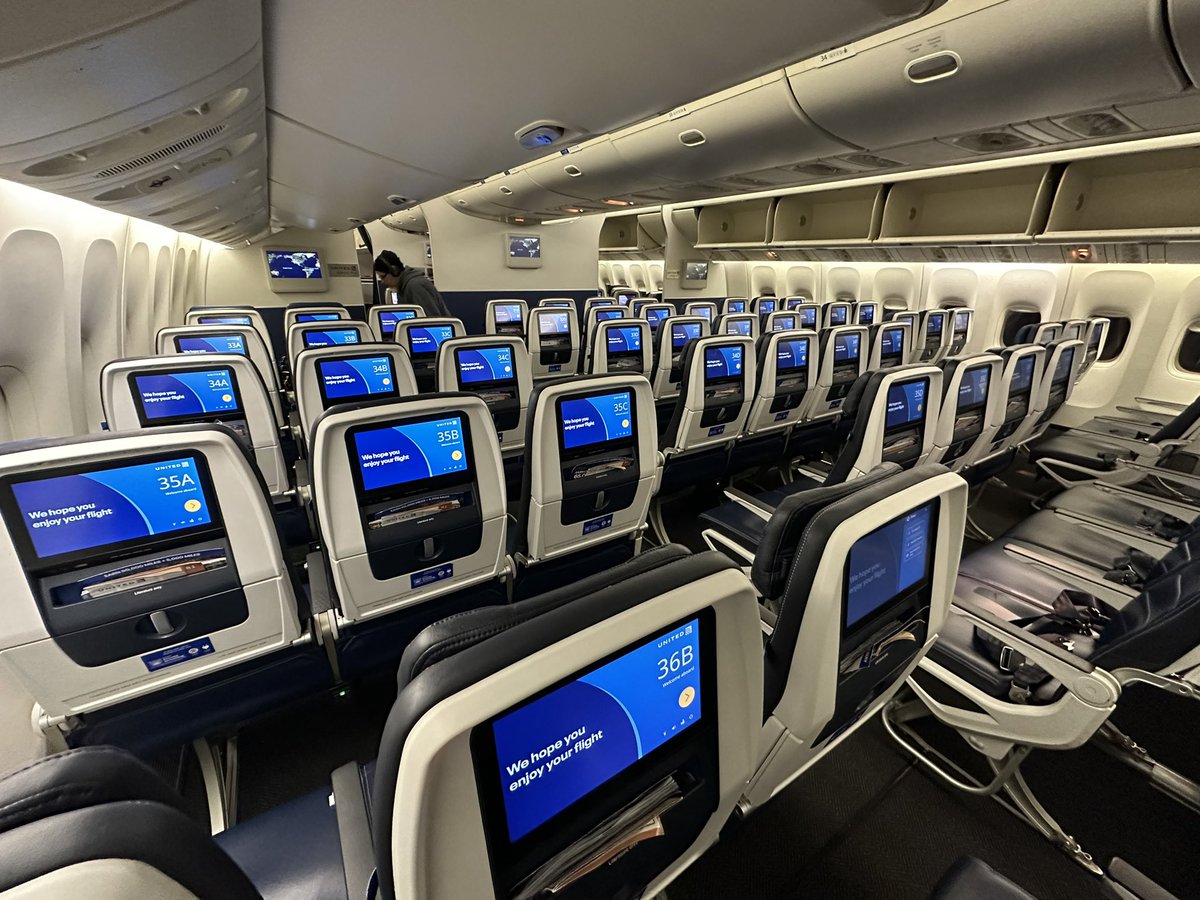 ssorbor's tweet photo. @CaptRJWolf I’m on board UA 1742 for a 1.5 hour flight and it’s fully boarded at 15% capacity. Just curious, do you know why #united is flying this 777-200 on short domestic routes? Repositioning aircraft for an international trip? https://t.co/EpzueaucpG