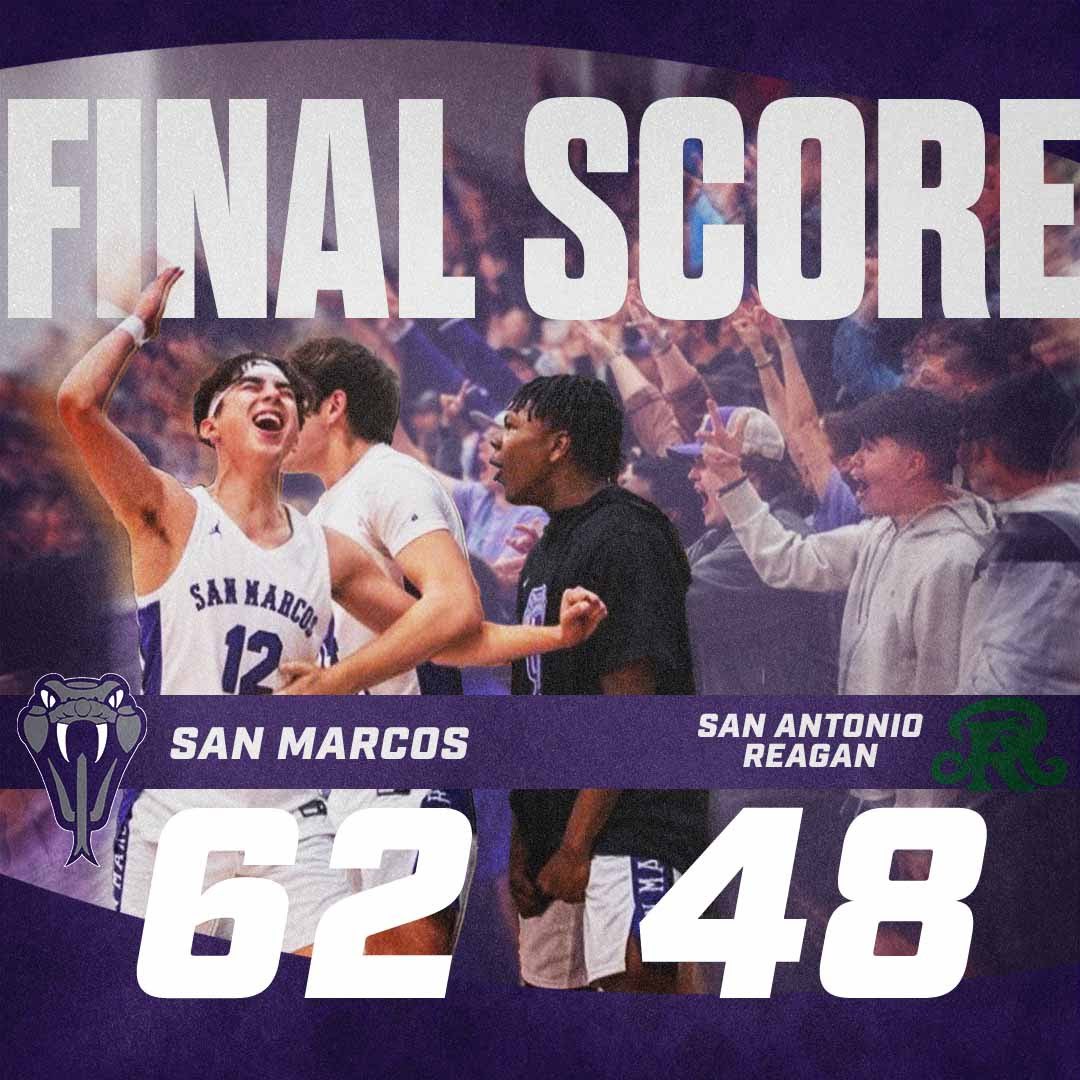 San Marcos improves to 37-3 and advances to the Regional Tournament with a win over San Antonio Reagan!

Thank you Rattler Nation for packing the gym and bringing the San Marcos energy tonight! 💜

See you Friday for Round 4!
<a href="/hoopinsider/">Hoopinsider</a> <a href="/Tabchoops/">𝙏𝘼𝘽𝘾🏀📋</a>