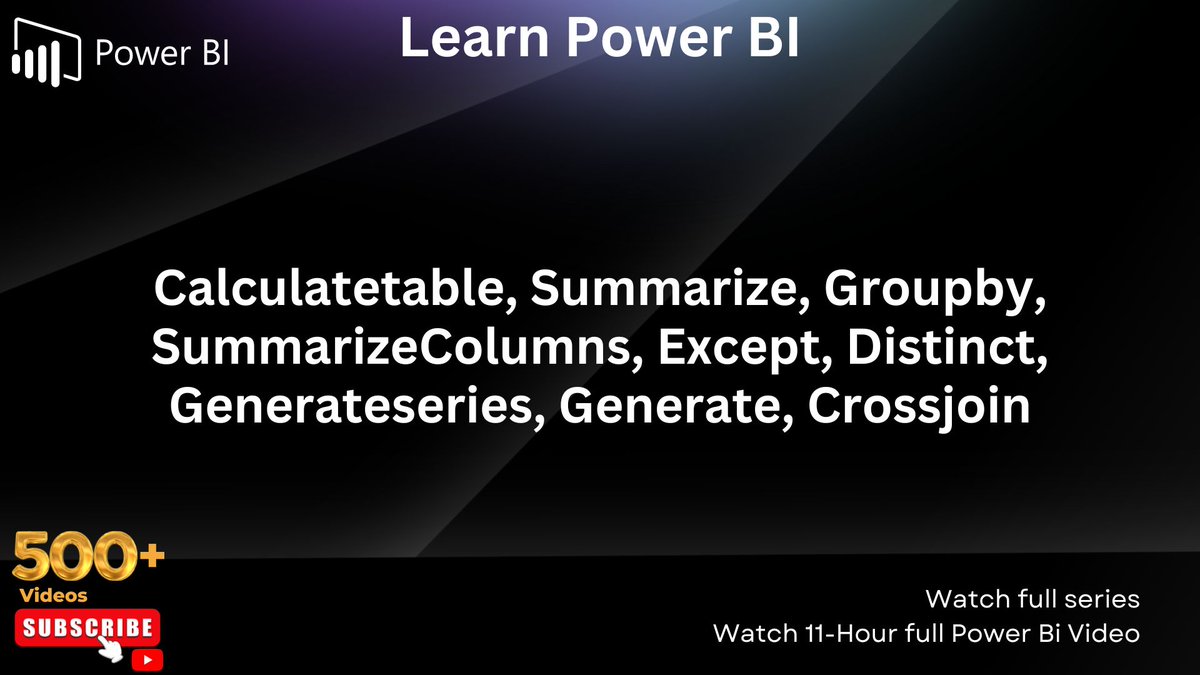amitchandak78's tweet photo. Learn Power BI: calculatetable, Summarize, Groupby,SummarizeColumns, Except, Distinct, Generateseries, Generate, Crossjoin
https://t.co/1iFRQpftTE
#PowerBI #dax #calculatetable #Summarize #Groupby #SummarizeColumns #Except #Generateseries #Generate #Crossjoin #AmitChandakDA https://t.co/bmtsWBLHeX