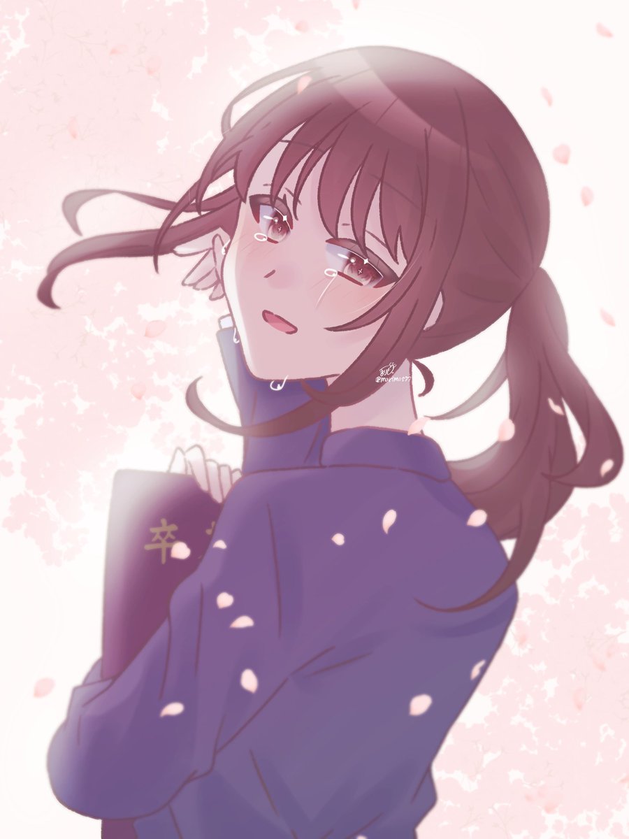 1girl solo brown hair ponytail tears cherry blossoms looking at viewer  illustration images