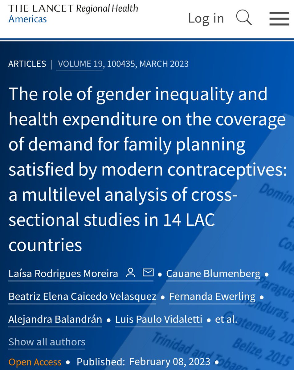 Artigo recente publicado no The Lancet Regional Health Americas que mostra que mulheres inseridas em países com mais desigualdade de gênero tem chance 72% menor de terem demanda satisfeita de planejamento familiar.

doi.org/10.1016/j.lana…