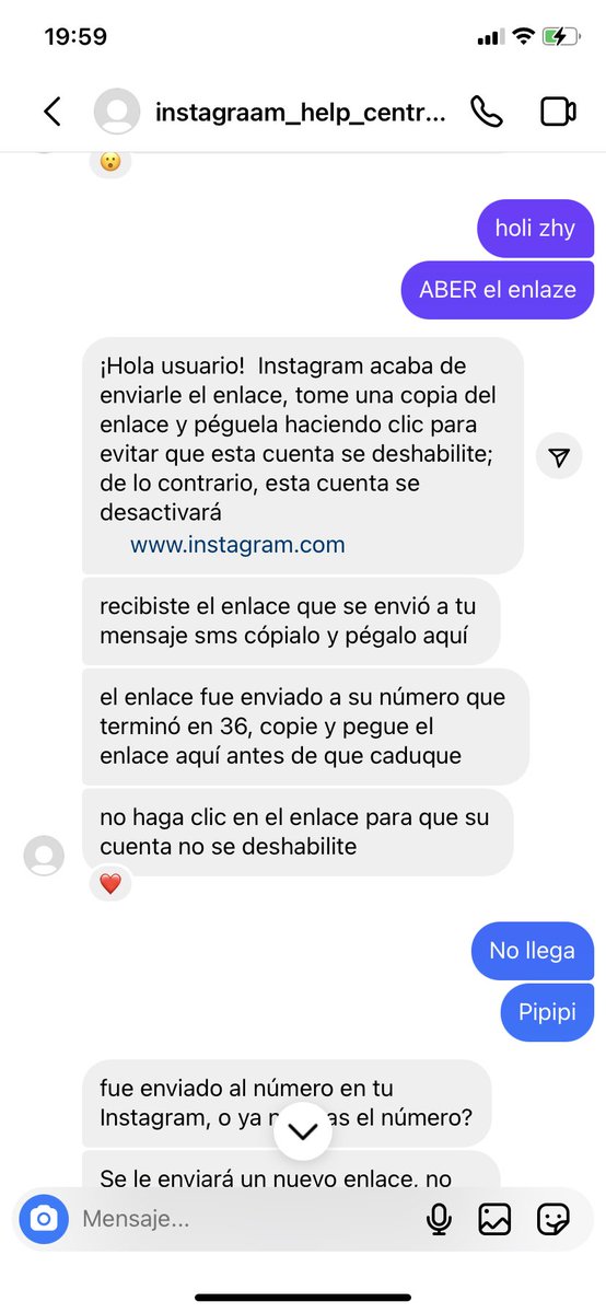 Lauletras's tweet photo. esta noche recibí un mensaje extraño. muy preocupante. en Instagram. Desde una cuenta que decía Instagraam me advertían que por derechos de autor a quién sabe qué, me iban a suspender la cuenta si no les daba el código en el mensaje sms que enviarían a mi teléfono. https://t.co/TA09l7euzZ
