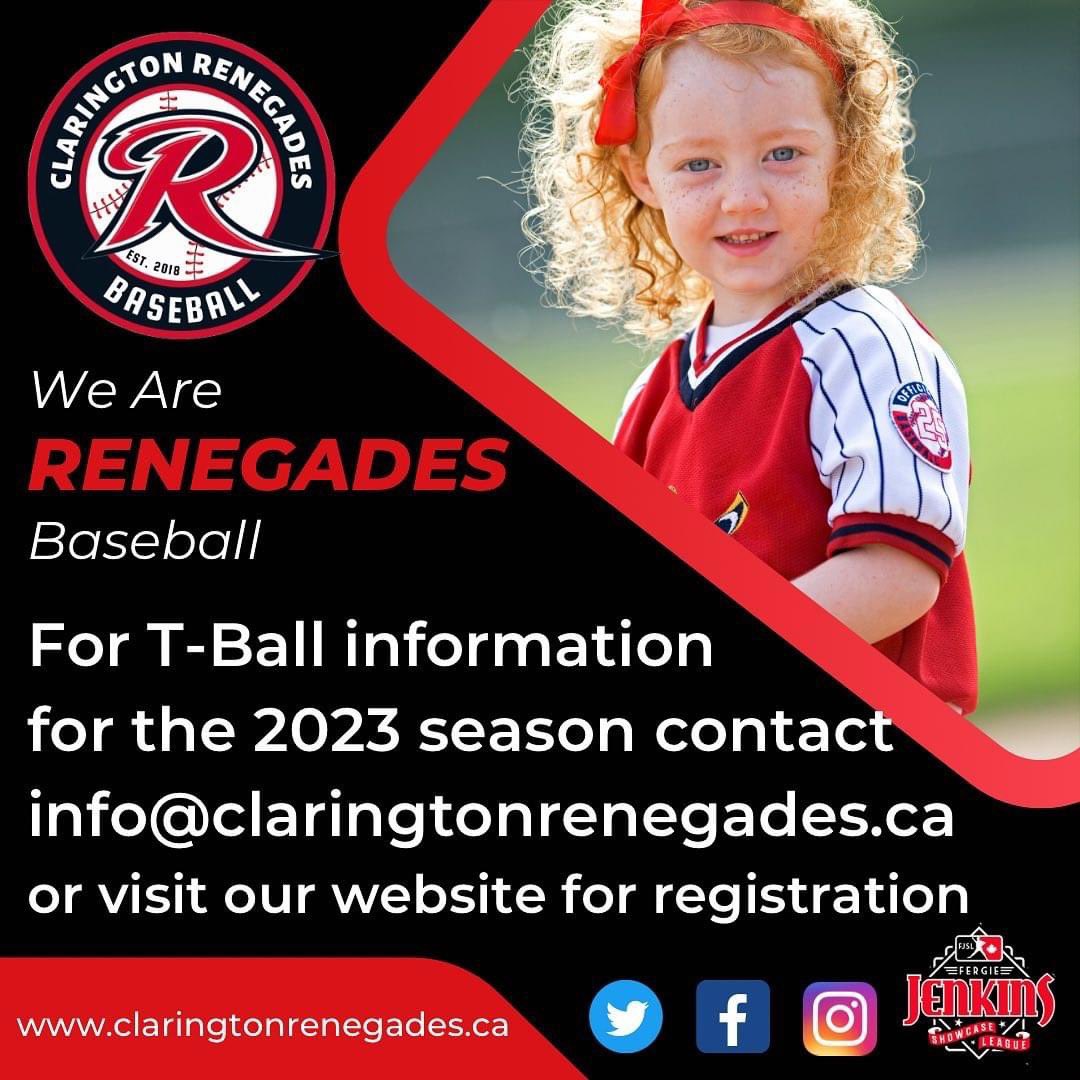 Clarington Renegades (@claringtonfjsl) on Twitter photo The Clarington Renegades are excited to offer children born in 2018 & 2019 a T-Ball program for the 2023 season. For more information or to register please visit claringtonrenegades.ca/t-ball-division or email info@claringtonrenegades.ca The Clarington Renegades are excited to offer children born in 2018 & 2019 a T-Ball program for the 2023 season. For more information or to register please visit claringtonrenegades.ca/t-ball-division or email info@claringtonrenegades.ca