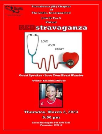 TuscAlLinksInc's tweet photo. Please join us and our dynamic survivor who will share her powerful story to raise awareness of cardiovascular disease. We want you to be inspired to take charge of your own health and mental wellbeing.

The life you save may be your own. ❤️
#goredforwomen #SALinks #HeartHealth https://t.co/4bM7tzmnku