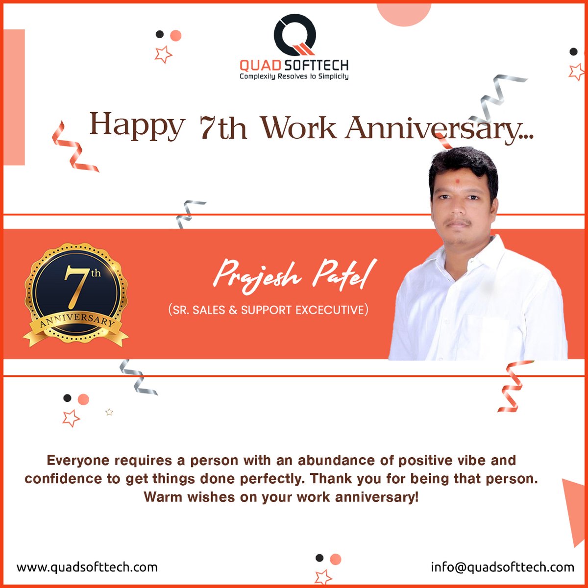 QuadSoftTech's tweet photo. The future has big things in store for you, but we are so glad you are here with us in the present.
Happy work anniversary Prajesh Patel!
#Quadsofttech #HappyWorkAnniversary #WorkAnniversary #Workiversary #WorkCelebration #WishingOnWorkAnniversary #Surat #Gujarat #India https://t.co/m7KCV6Domm