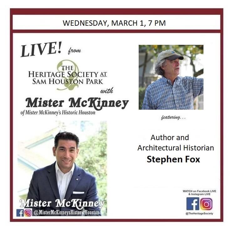 McKinneysHOU's tweet photo. Thanks #MikeAbboud ๐ for joining @mistermckinney on LIVE from @heritagesociety ๐ค show last time! Tune in Wed, Mar 1st 7pm on #MisterMcKinneysHistoricHouston FacebookLIVE to see noted architectural historian, author @RiceUniversity & @UHouston lecturer #StephenFox! ๐๐๐ #RT https://t.co/cr3yDxsWzu