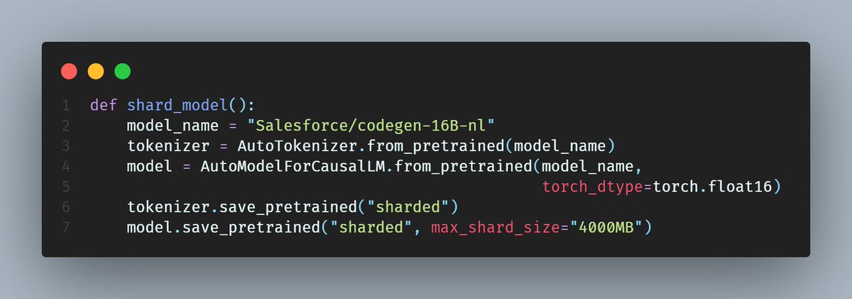 abacaj's tweet image. How do you load a large language model when it doesn&apos;t fit on your GPU? With HuggingFace you can do this with pretty much any model that is available

First shard it + convert weights. For codegen-16B you need 64GB~ ram to shard it in fp16