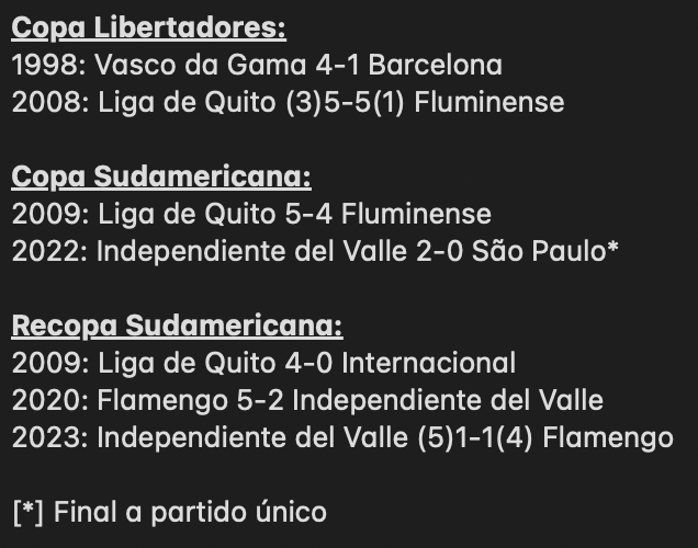 2010MisterChip's tweet photo. #OJOALDATO - Los equipos ecuatorianos han disputado SIETE finales de torneos CONMEBOL frente a clubes brasileños y han ganado CINCO. https://t.co/Ji7p8S2Ky6