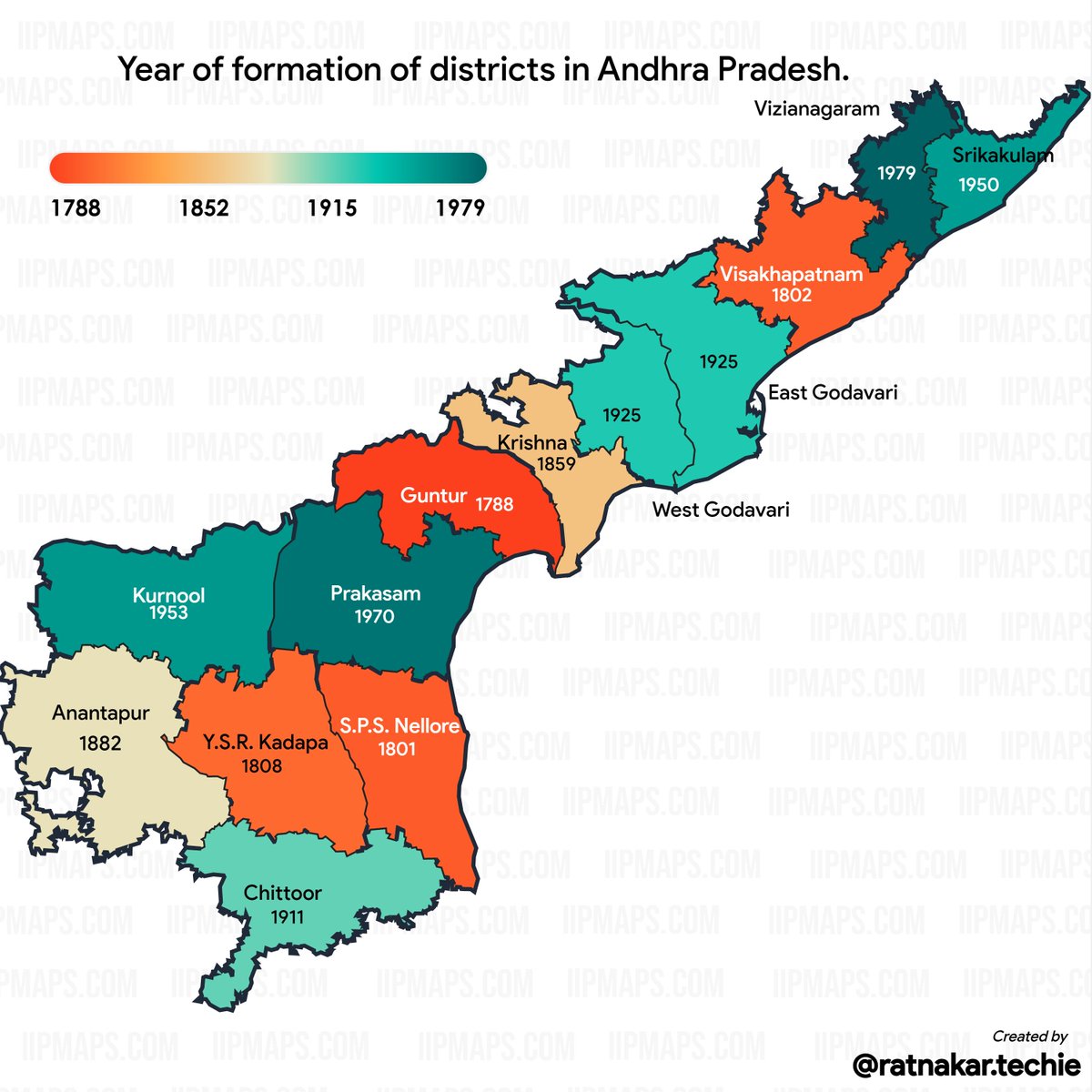 SadaaShree's tweet photo. Map showing year in which districts of Andhra Pradesh were formed, these are the main districts of AP before the reorganization in 2022. Thread on the history of formation of these districts. https://t.co/f529xHKZLp