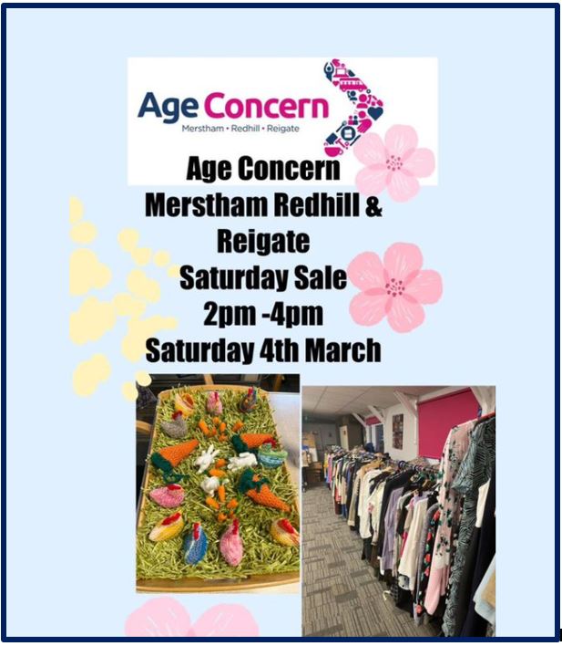 Your local Age Concern has a goods sale Saturday PM! Please come along to The Merstham Centre on Weldon Way, RH1 3QB and find yourself a bargain!
