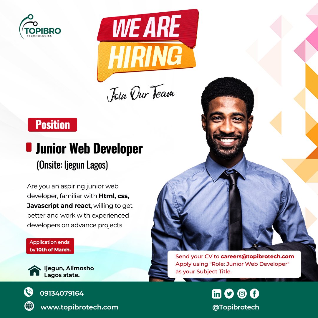 Junior Web Developer (Onsite: Ijegun Lagos)
Are you an aspiring junior web developer familiar with Html, css, Javascript and react, willing to get better and work with experienced developers on advance projects.
#WebDeveloper #Html #Css #Javascript #React #LagosJobs #Topibrotech