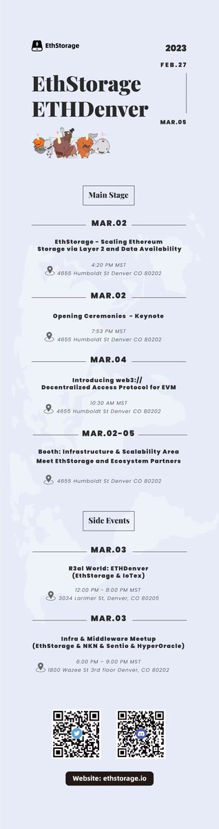 EthStorage's tweet photo. Here's the list of all #EthStorage's activities at #ETHDenver2023 ! 

Come and join us!🥳🥳🥳@EthereumDenver https://t.co/zzeVVrDPYH