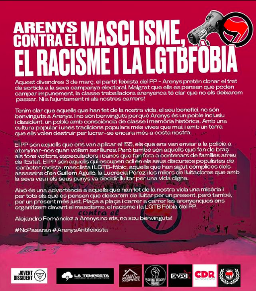 asslatempesta's tweet photo. 📣El moviment popular arenyenc no deixarem passar ni una a aquells que han fet de la nostra vida el seu benefici!💸
.
PP i Alejandro Fernández, a Arenys no sou benvinguts!🔥 https://t.co/85LmzJ3Jdo