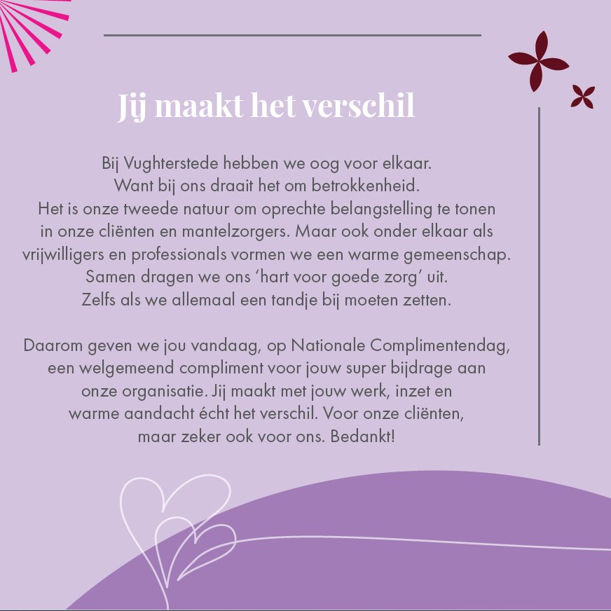 Vughterstede's tweet photo. Vandaag, 1 maart, Nationale Complimentendag. We geven onze medewerkers en vrijwilligers een welgemeend compliment voor hun super bijdrage aan onze organisatie.
#hartvoorgoedezorg #vughterstede #vught #hartvoorgoedleven #complimentendag #gastvrijvughterstede #samenvooruit https://t.co/RwLaKRHRla