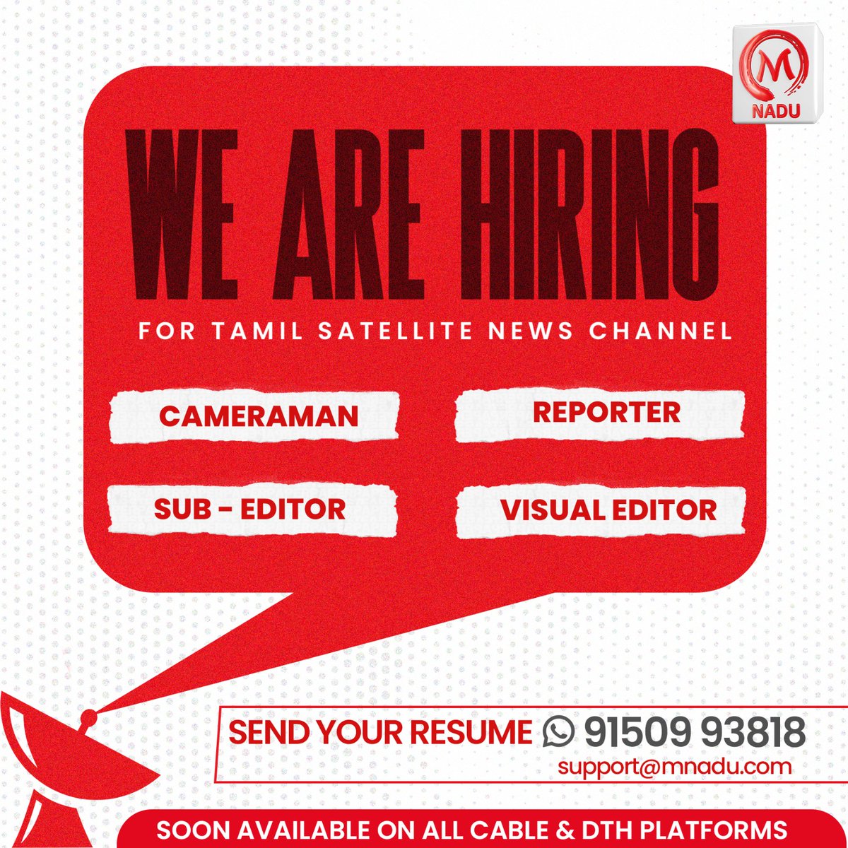 M nadu Tv on Twitter "We are hiring for tamil satellite news channel 