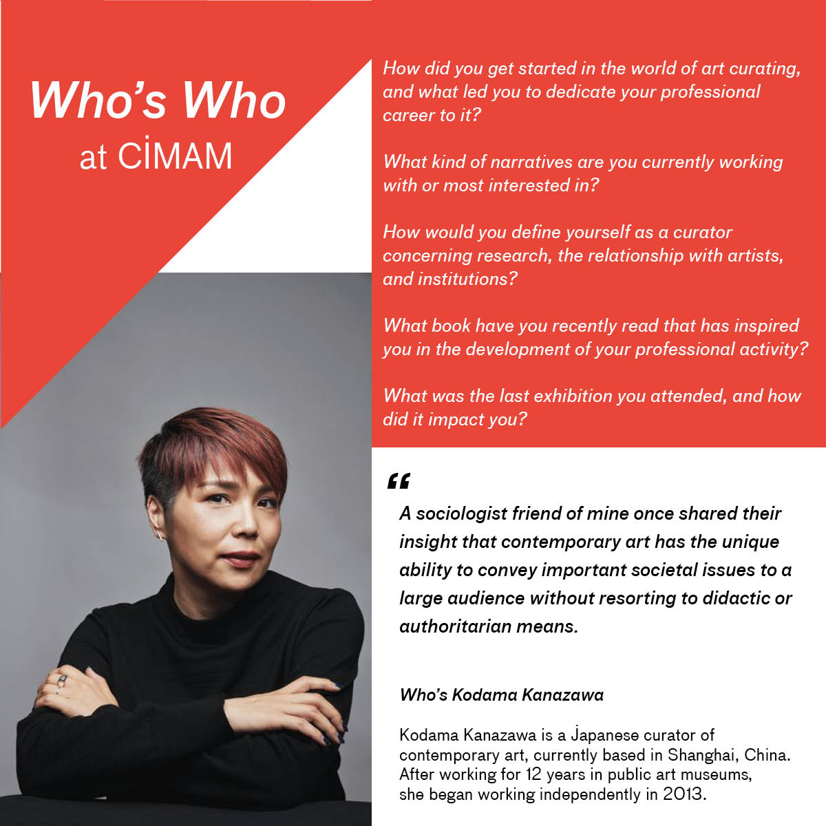 infoCimam's tweet photo. 😀 Who’s Who at CIMAM: Get to know our members
Kodama Kanazawa (金澤 韻) is a Japanese curator of contemporary art currently based in Shanghai.
Find out what she is up to by reading her interview as part of the series "Who's Who at CIMAM" #JoinCIMAM
https://t.co/R0WmXyDhfV https://t.co/gqqUeOR9Pt