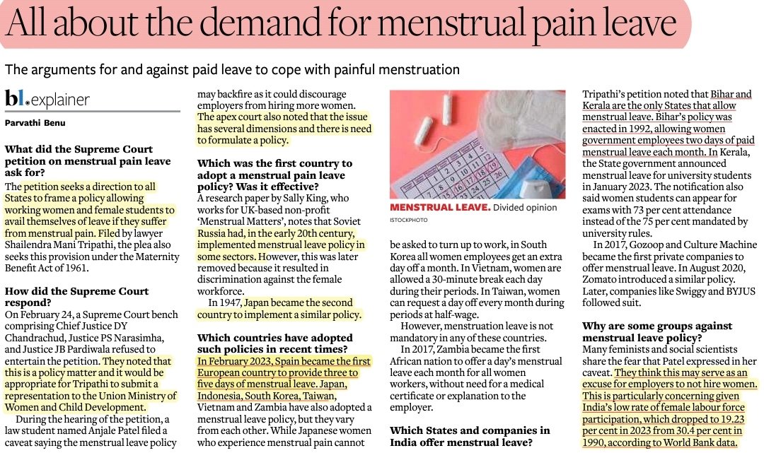 All about the demand for menstrual pain leave

Source: Business line

Relevance: GS1 - Women Issue; GS2 - Issues relating to the development and management of Social Sector/Services relating to Health

#UPSC2023  #menstrualleave