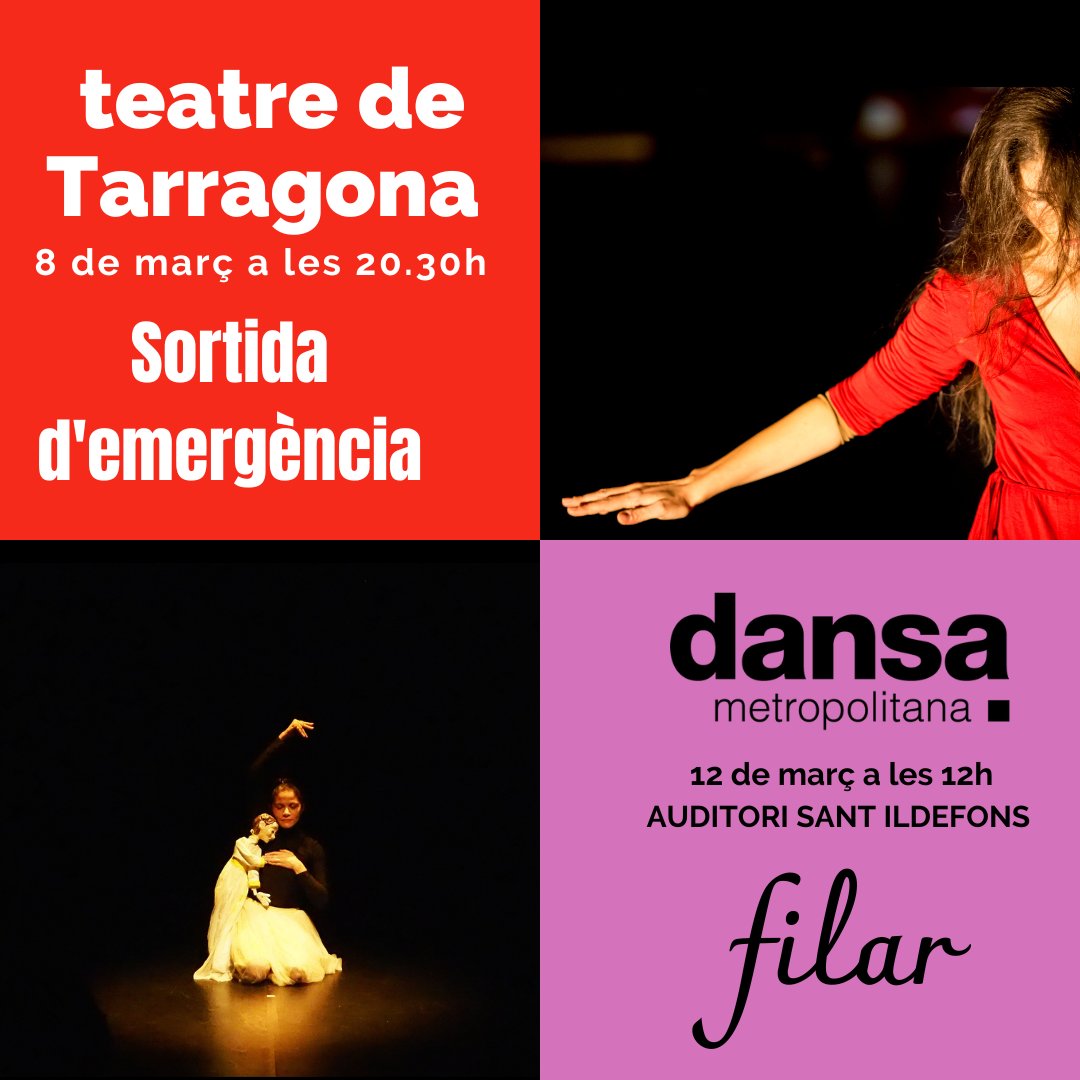 La setmana vinent ens espera una doble cita!
SORTIDA D'EMERGÈNCIA al Teatre de TARRAGONA
💜 8 de març a les 20.30
FILAR a l'Auditori de Sant Ildefons dins la programmazione de Dansa Metropolitana
💛12 de març a les 12h

Amb @FaniBenages 
<a href="/DansaMetropol_/">Dansa Metropolitana</a>  <a href="/TGNcultura/">Tarragona Cultura</a>