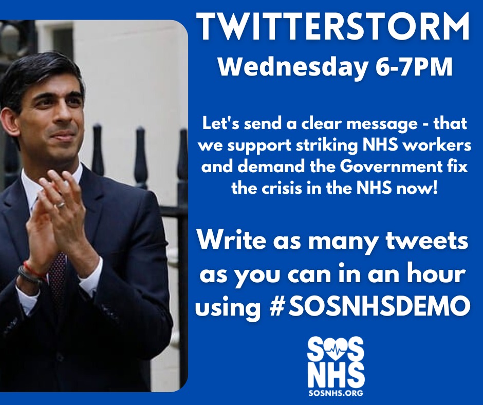 🚨 TWITTERSTORM

Get involved and help us send a message to the Government that we stand with all NHS workers

#SOSNHSDEMO