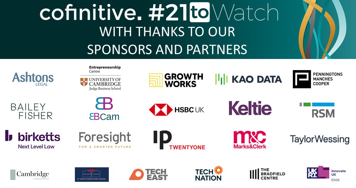 One day to go!Thank you to our sponsors for supporting the #21toWatch campaign @AshtonsLegal @BFexecsearch @birkettsllp @CJBS_EC @EBCam_Cambridge @ForesightGroup @GrowthWorksUK @HSBC_UK @ipTwentyOne @KaoDataDC @KeltieLLP @marksandclerk @Penningtonslaw @RSMUK @TaylorWessing