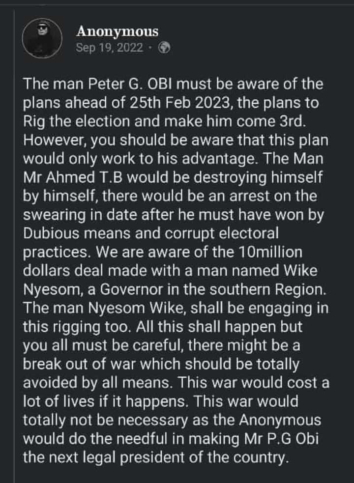 KingBlazempire's tweet photo. ANONYMOUS👇
This war will cost a lot of lives if it happens!!!!

#supremecourt grace grace grace Bode George #protest obasanjo Canada mahmood yakubu okwute japaVisa HELL No sega #breakingNews   marching bola ahmed tinubu emefiele abia Cotonou Enugu Togo EndSars #davido visa https://t.co/oPFPT9jOsG