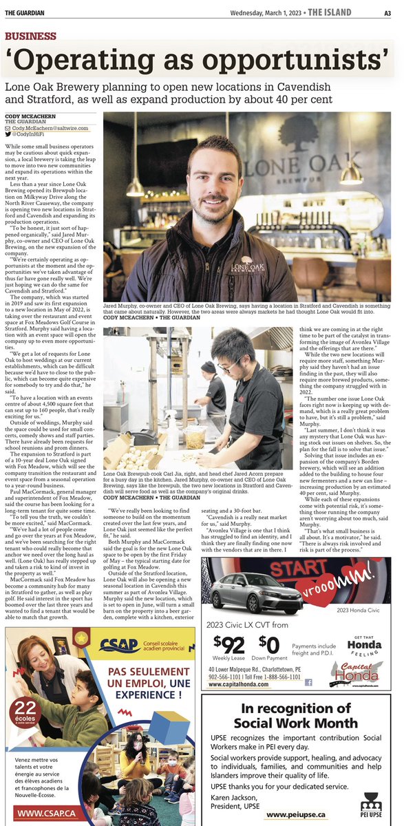 👍🏻 The <a href="/loneoakbrew/">Lone Oak Brewing Co</a> team is expanding again. Great food, beverages &amp; locations. I admire the confidence of these young entrepreneurs. 💪🏻Our economy needs more of them. 🍻 Wishing you much success in your new locations #Stratford #Cavendish #BordenCarleton #MilkyWayNorthRiver