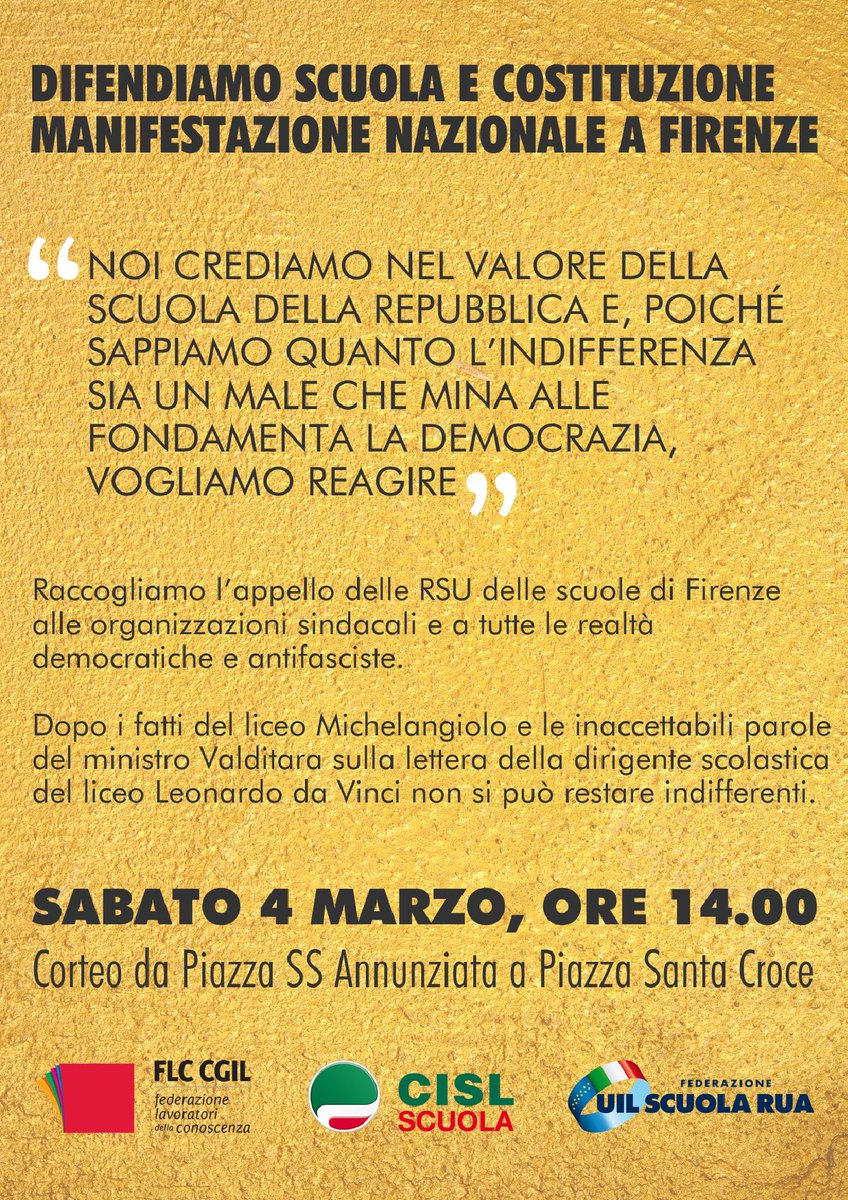 cgilnazionale's tweet photo. #4marzo a Firenze manifestazione nazionale dopo i fatti del liceo Michelangiolo e le inaccettabili parole del ministro Valditara.

Difendiamo #scuola e #Costituzione 

Corteo, ore 14, da Piazza SS Annunziata a Piazza Santa Croce https://t.co/iDhPI6idip