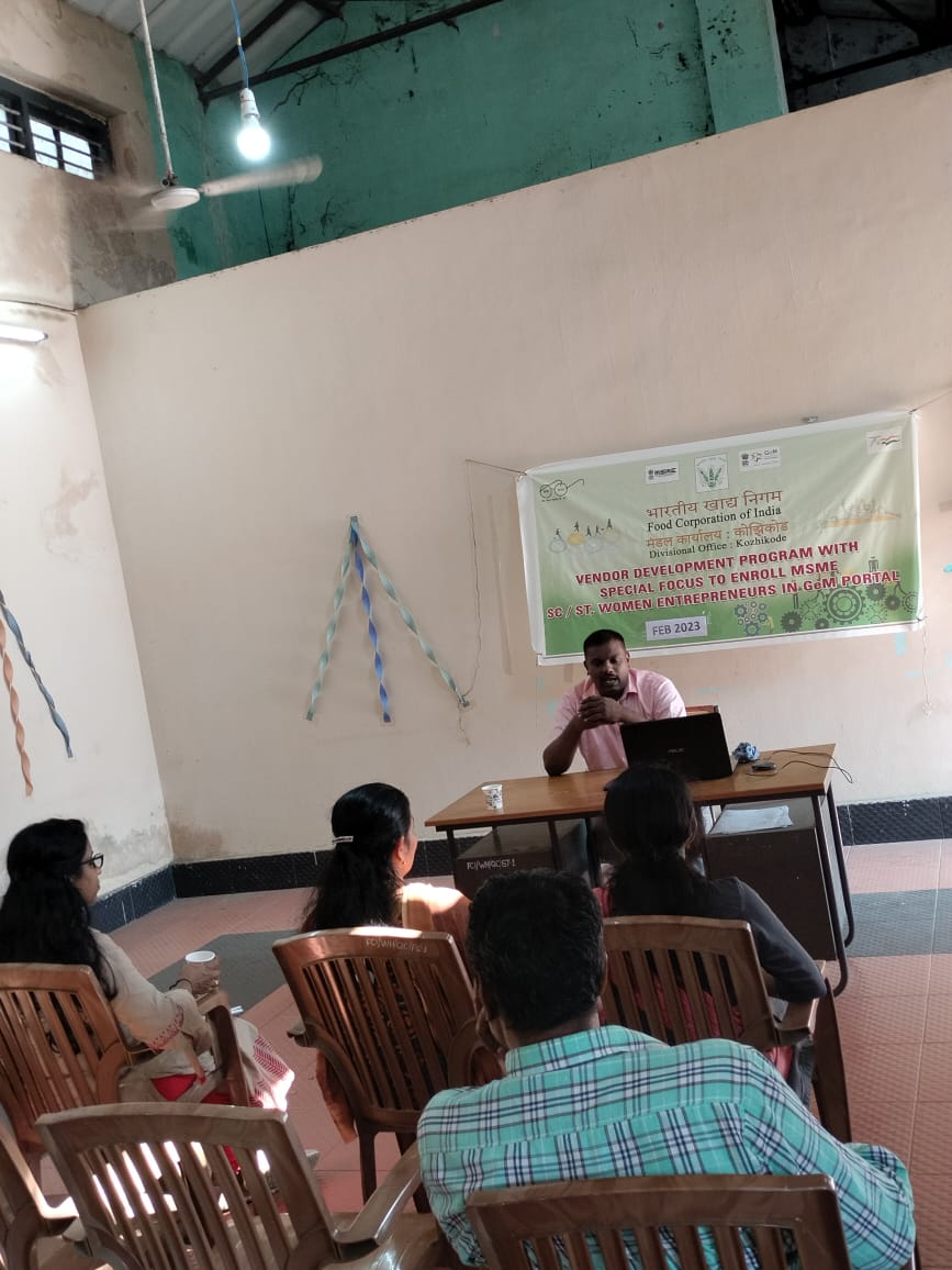 DoKozhikode's tweet photo. Vendor development program conducted at DO Kozhikode to spread awareness about GeM, MSME, and other factors associated with Merchants, with special focus on Women Entrepreneurs by Shri. K. Subramanian,Manager on 28.02.2023 @FCI_India @fcisouthzone_pr @FciKerala #GovernmentEMarket https://t.co/OdzrsRbASx