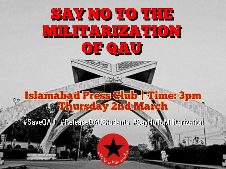 mohsinidk's tweet photo. We must stand against this brazen attempt to shut down one of the only sanctuaries of progressive thought in Pakistan. ICT Police and QAU admin is treating students like cattle and encroaching on their basic rights. Join us!
#SaveQau #ReleaseQauStudents #SayNoToMilitarization https://t.co/g6KLSFhssG