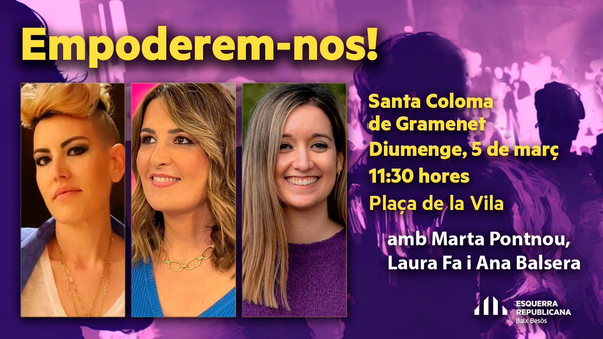 lorenzoarboleda's tweet photo. Aquest diumenge a les 11:30 a la Plaça de la Vila de #santacolomadegramenet l’@anabalseramarin #diputada la @martapontnou #estilista i la @Laura__Fa #periodista ens parlaran d’empoderament i de presió estètica. #nopodeufaltar https://t.co/ikMb9NCK2w