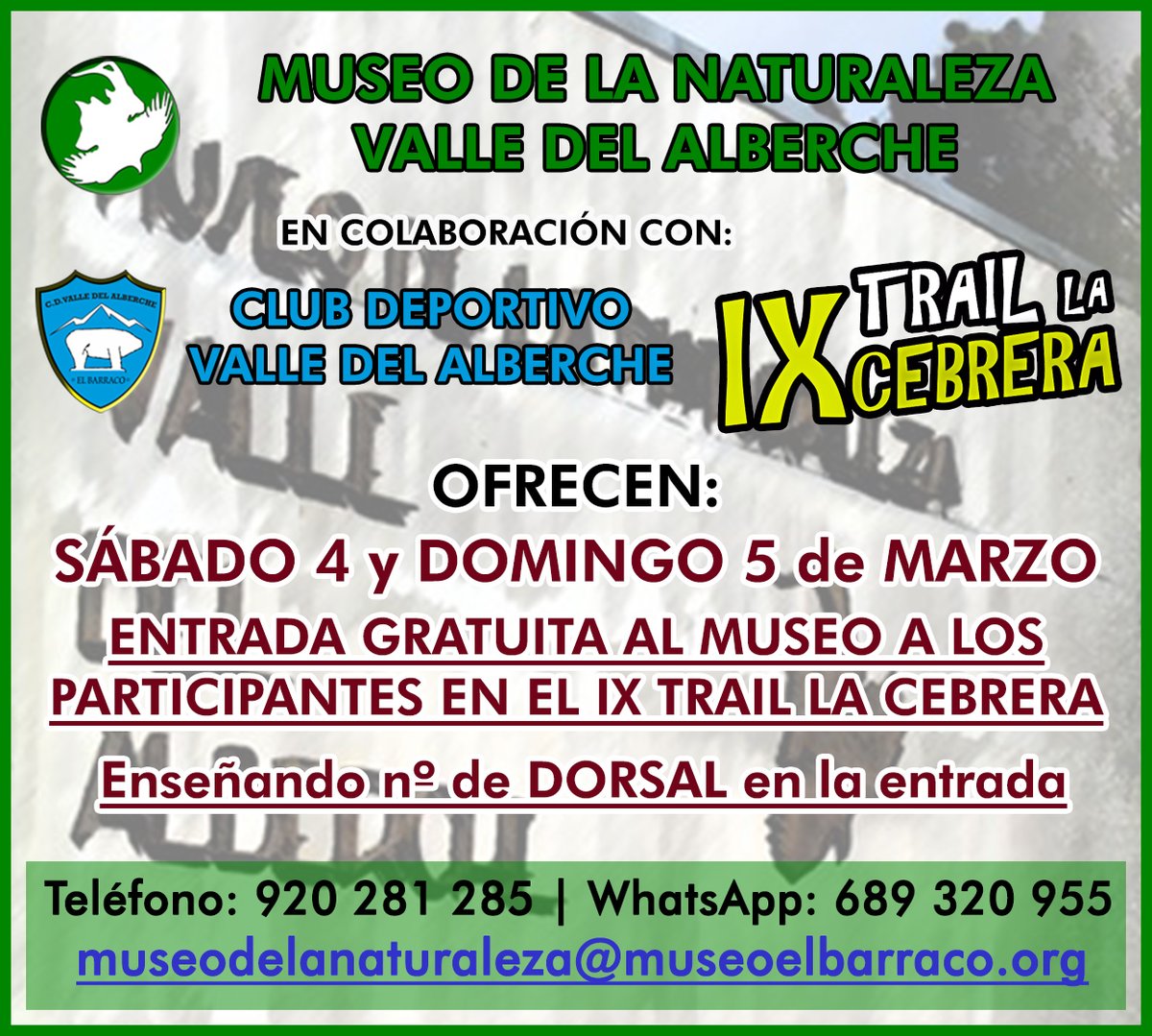 MUSEONATURALEZA's tweet photo. RESERVAS
Tfn: 920 281 285
WhatsApp: 689 320 955
E-Mail: museodelanaturaleza@museoelbarraco.org
Reservas ONLINE: https://t.co/ngo2kQUWHk
#MNVA #VenadescubrirElBarraco #MuseoNaturaleza #quehacerfindesemana #queverenGredos #queverenBarraco #cdvalledelalberche #GOAA #StellariumAvila https://t.co/klIFXlvcyo